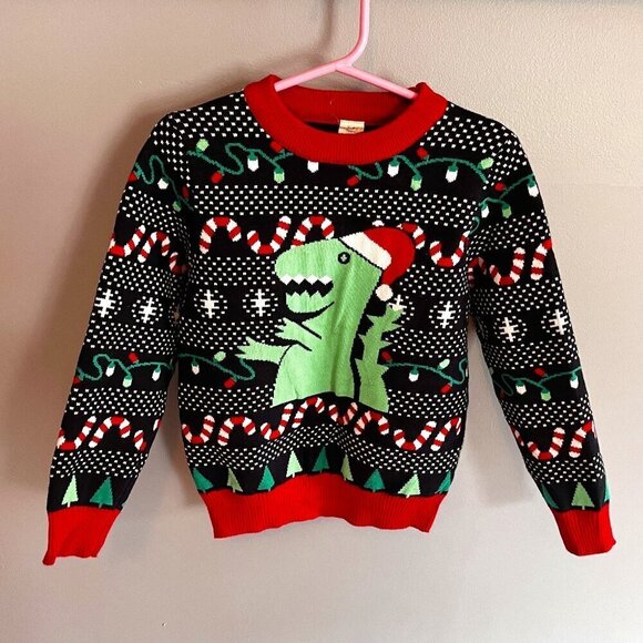 Kids Christmas Xmas Knit Sweater Dinosaur Dino Black Green Red Size 3-4 yrs - Picture 1 of 6